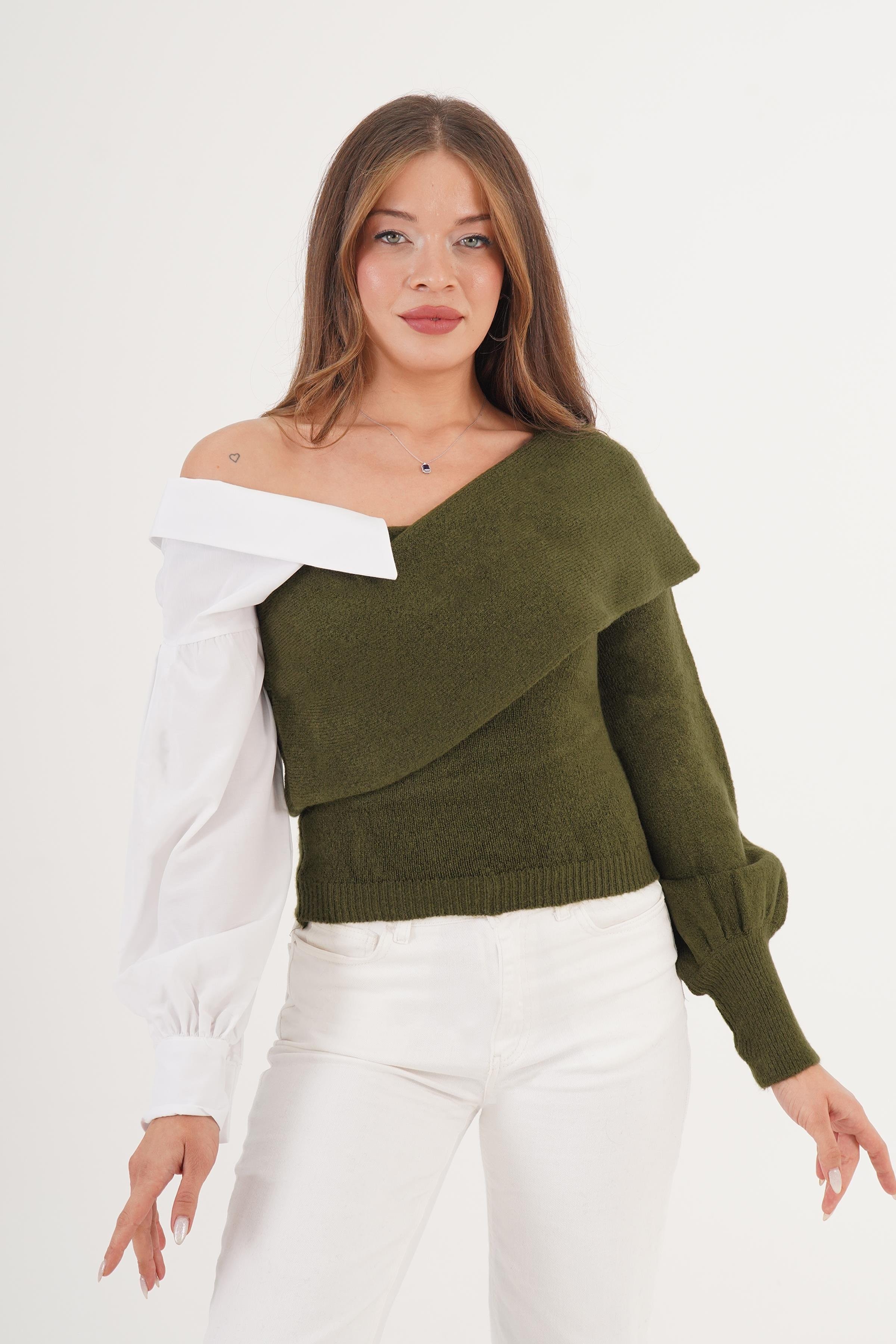 Yarı Gömlek Yarı Triko Toptan Kazak Stok Kodu 6651 HAKİ - GRİ -  BORDO -  ANTRASİT