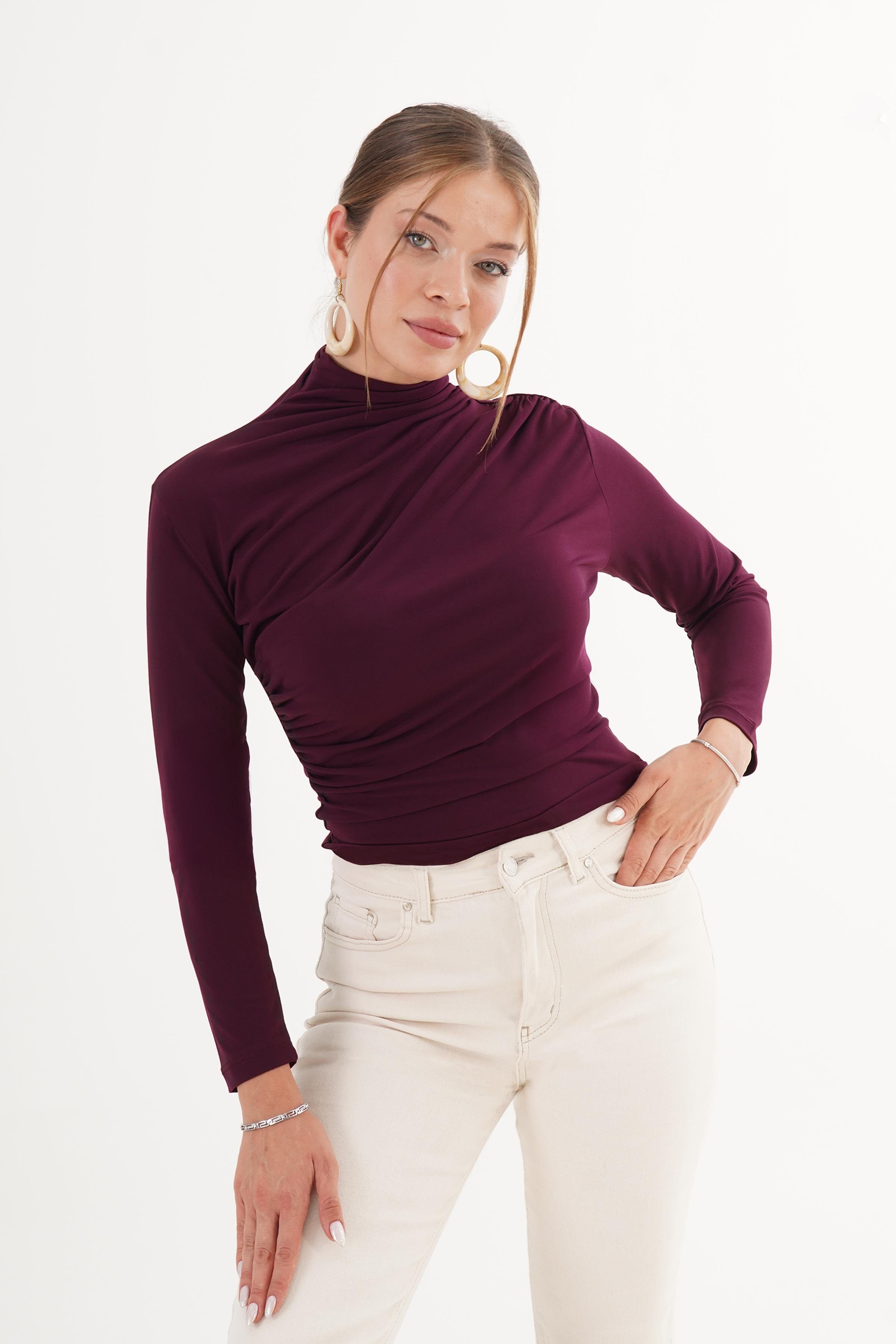 Omuz ve Bel Büzgülü Dik Yaka Toptan Bluz Stok Kodu 4847