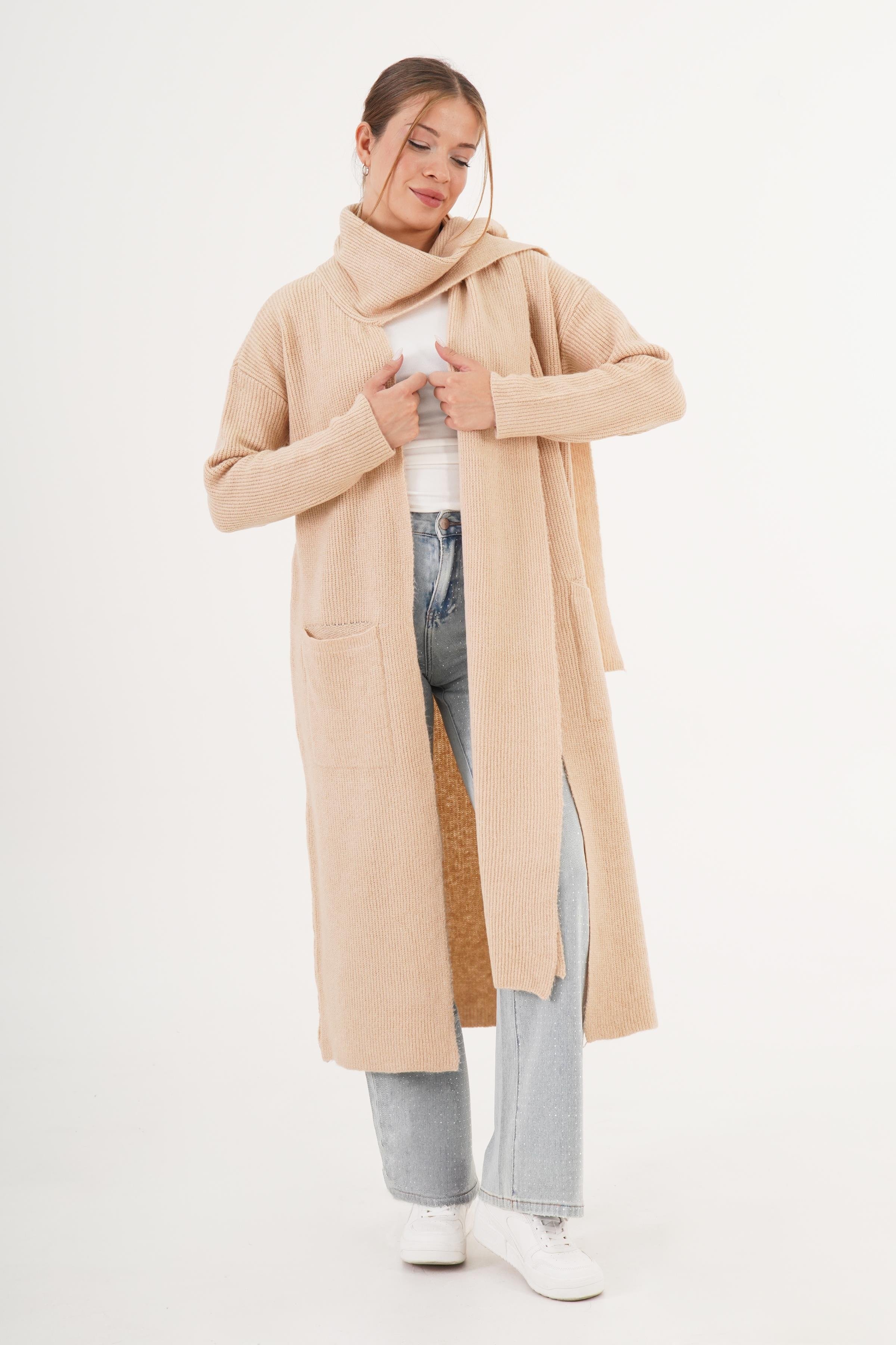 Atkı Yakalı Uzun Model Toptan Triko Hırka Stok Kodu 6649