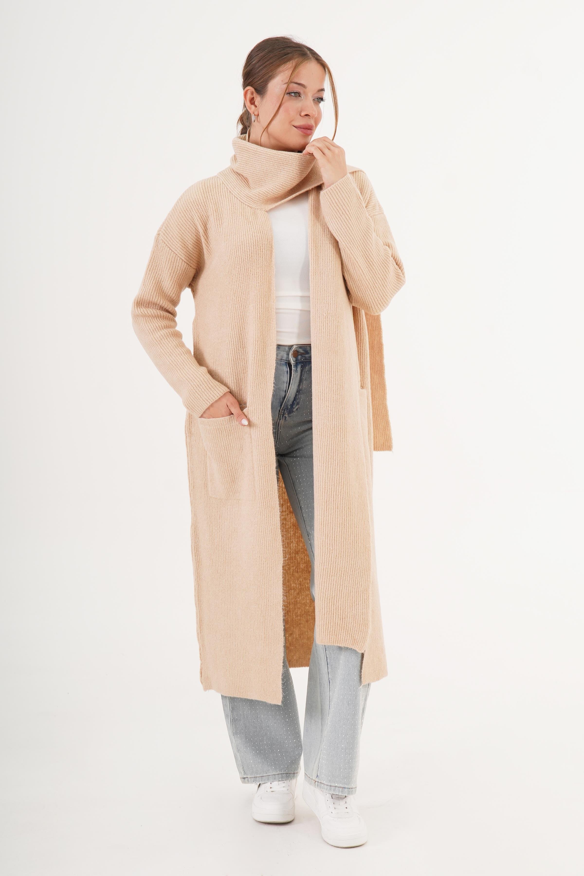 Atkı Yakalı Uzun Model Toptan Triko Hırka Stok Kodu 6649