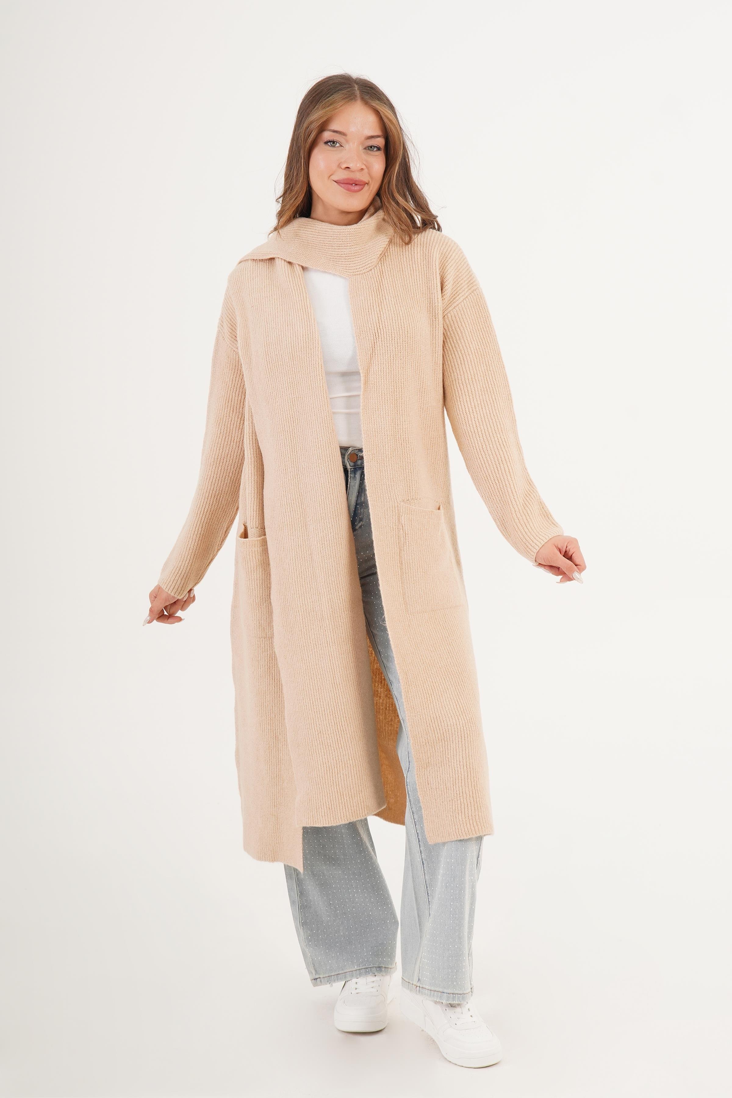 Atkı Yakalı Uzun Model Toptan Triko Hırka Stok Kodu 6649