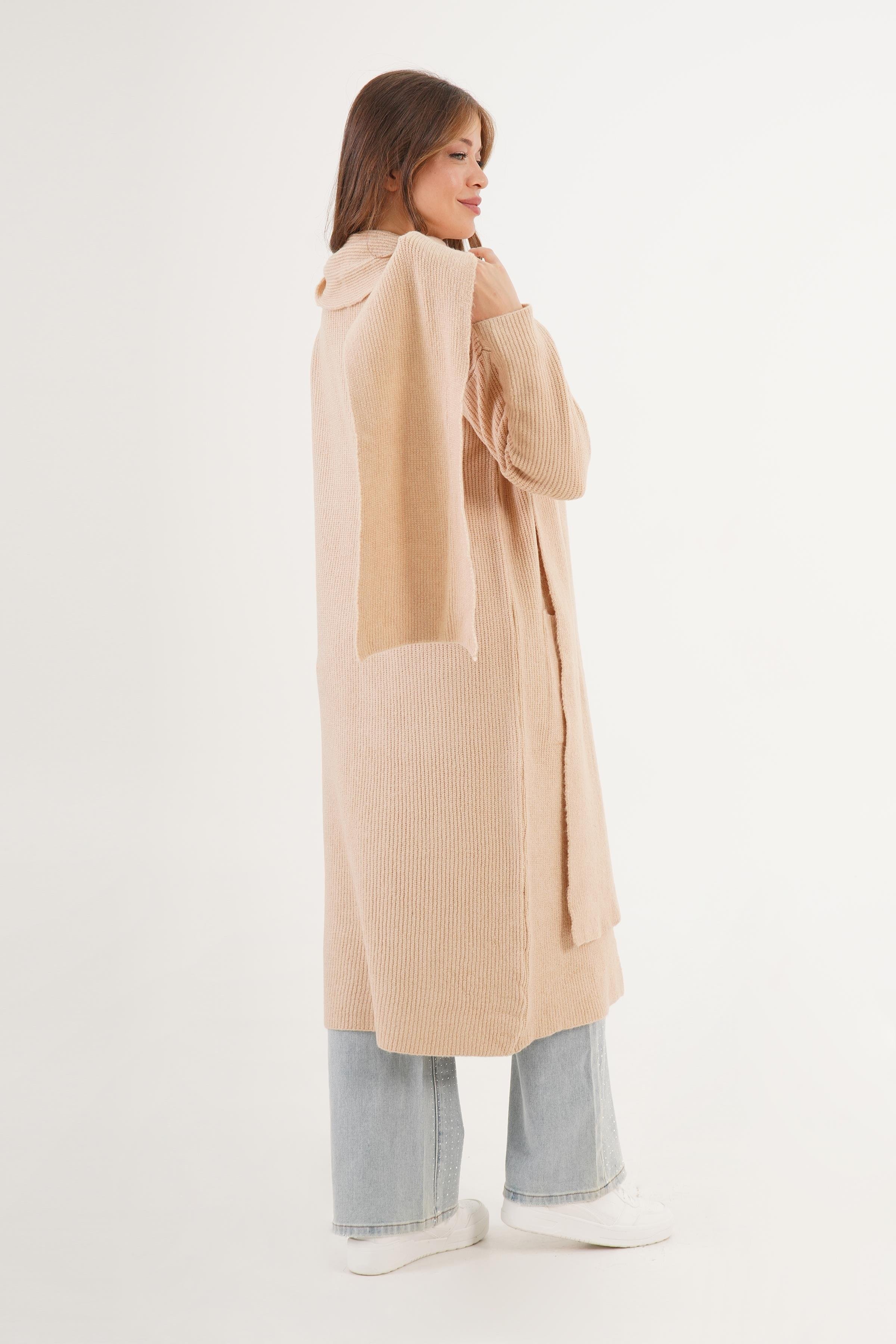 Atkı Yakalı Uzun Model Toptan Triko Hırka Stok Kodu 6649