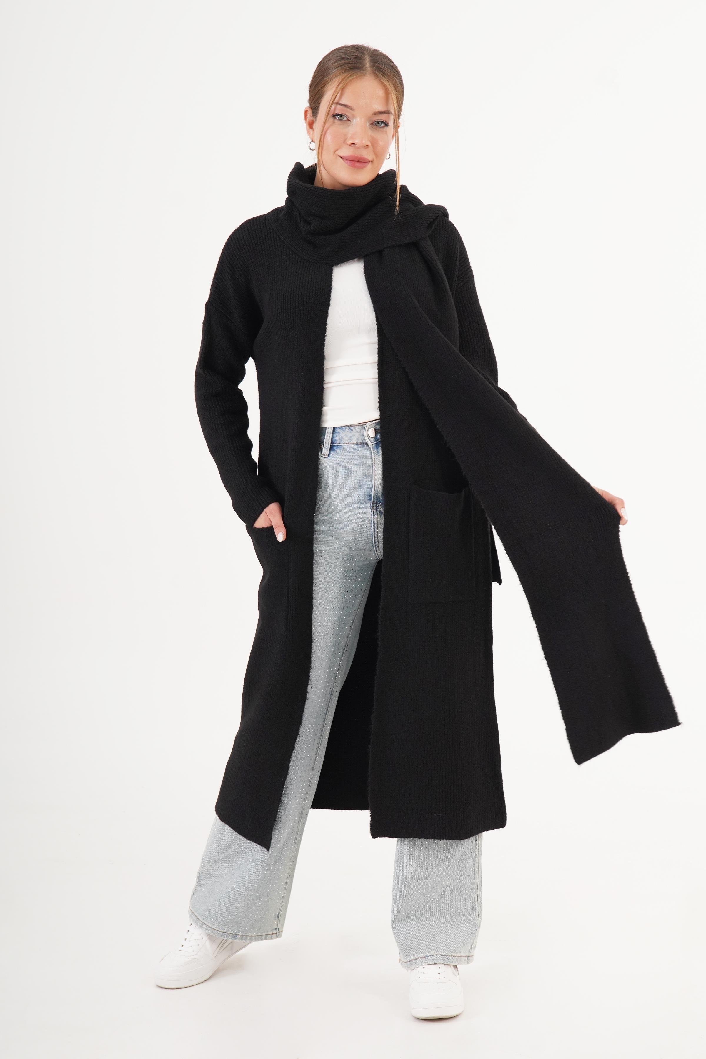 Atkı Yakalı Uzun Model Toptan Triko Hırka Stok Kodu 6649