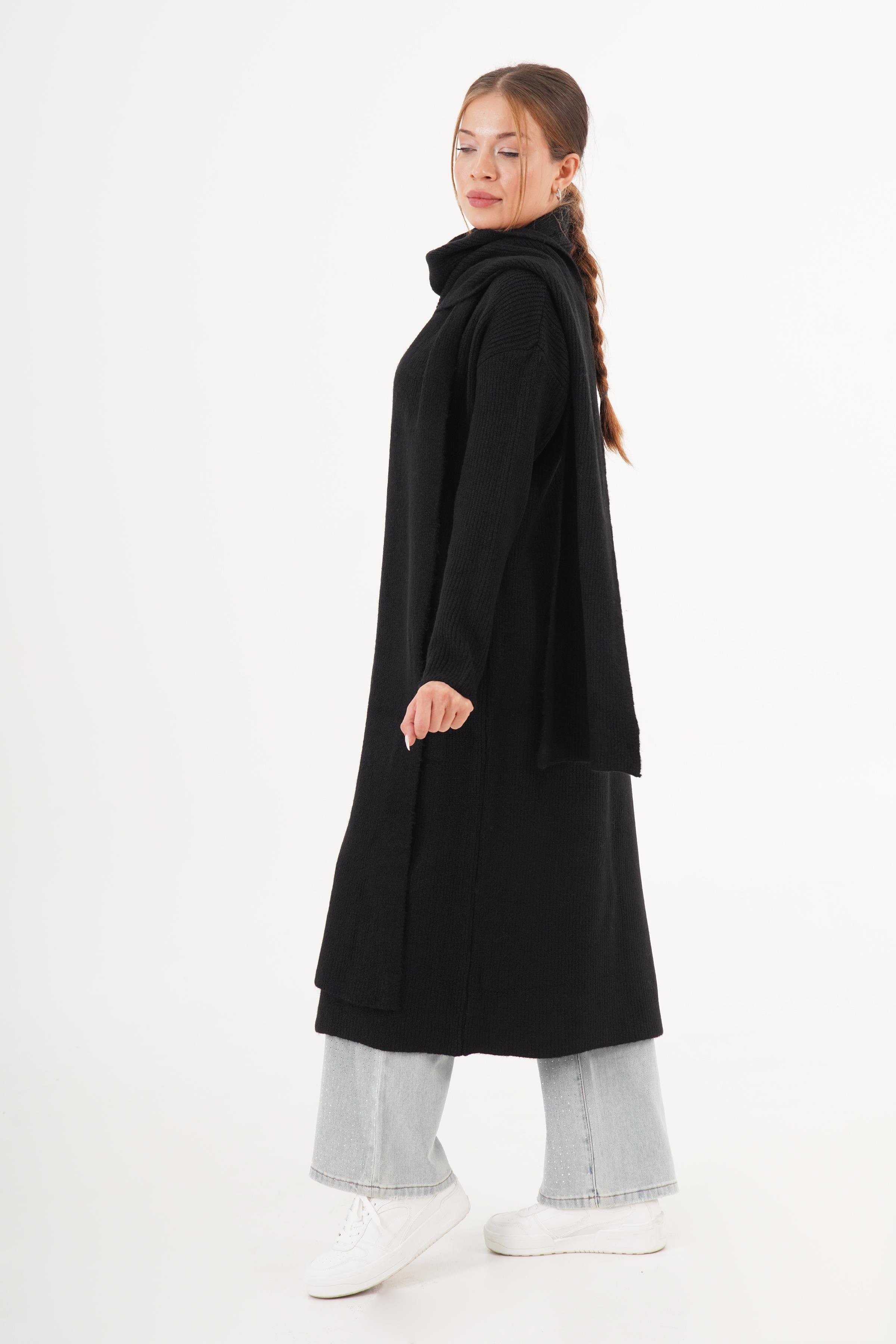 Atkı Yakalı Uzun Model Toptan Triko Hırka Stok Kodu 6649