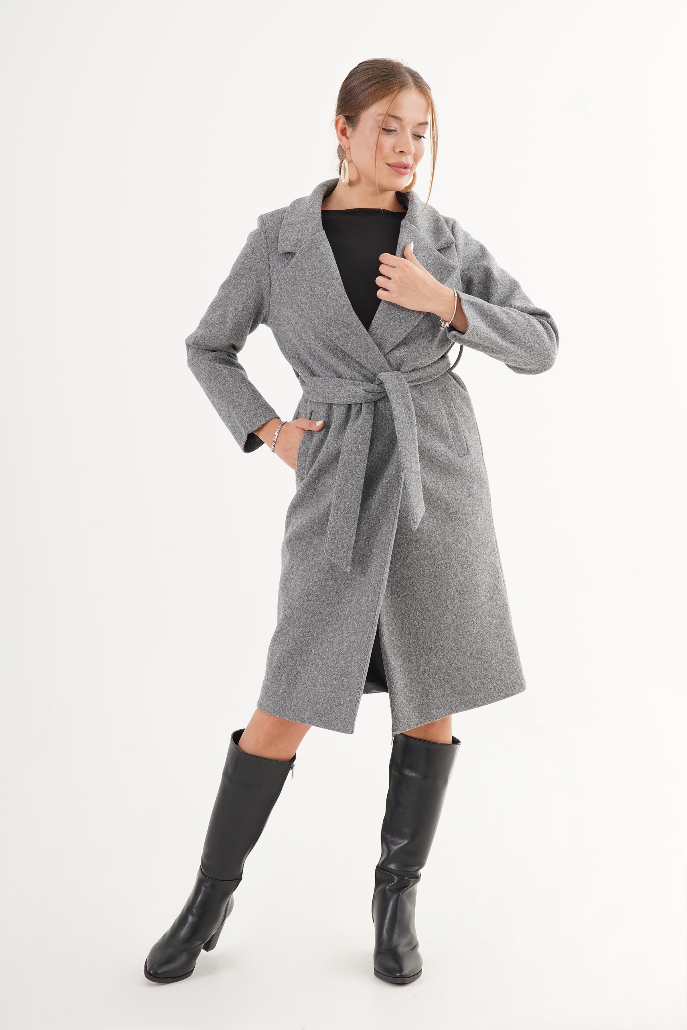 Beli Kuşaklı Astarlı Toptan Kaşe Kaban