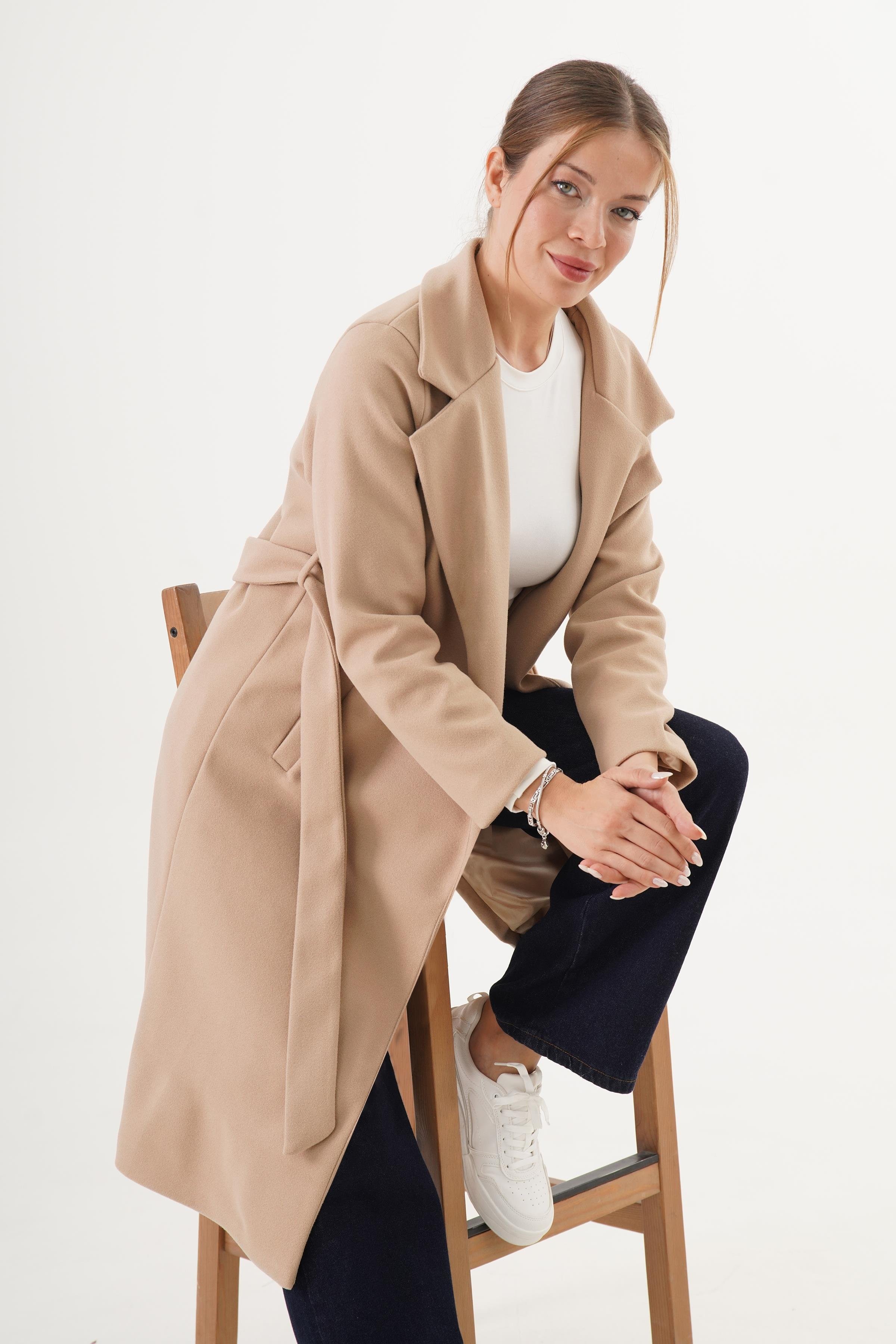 Beli Kuşaklı Astarlı Toptan Kaşe Kaban