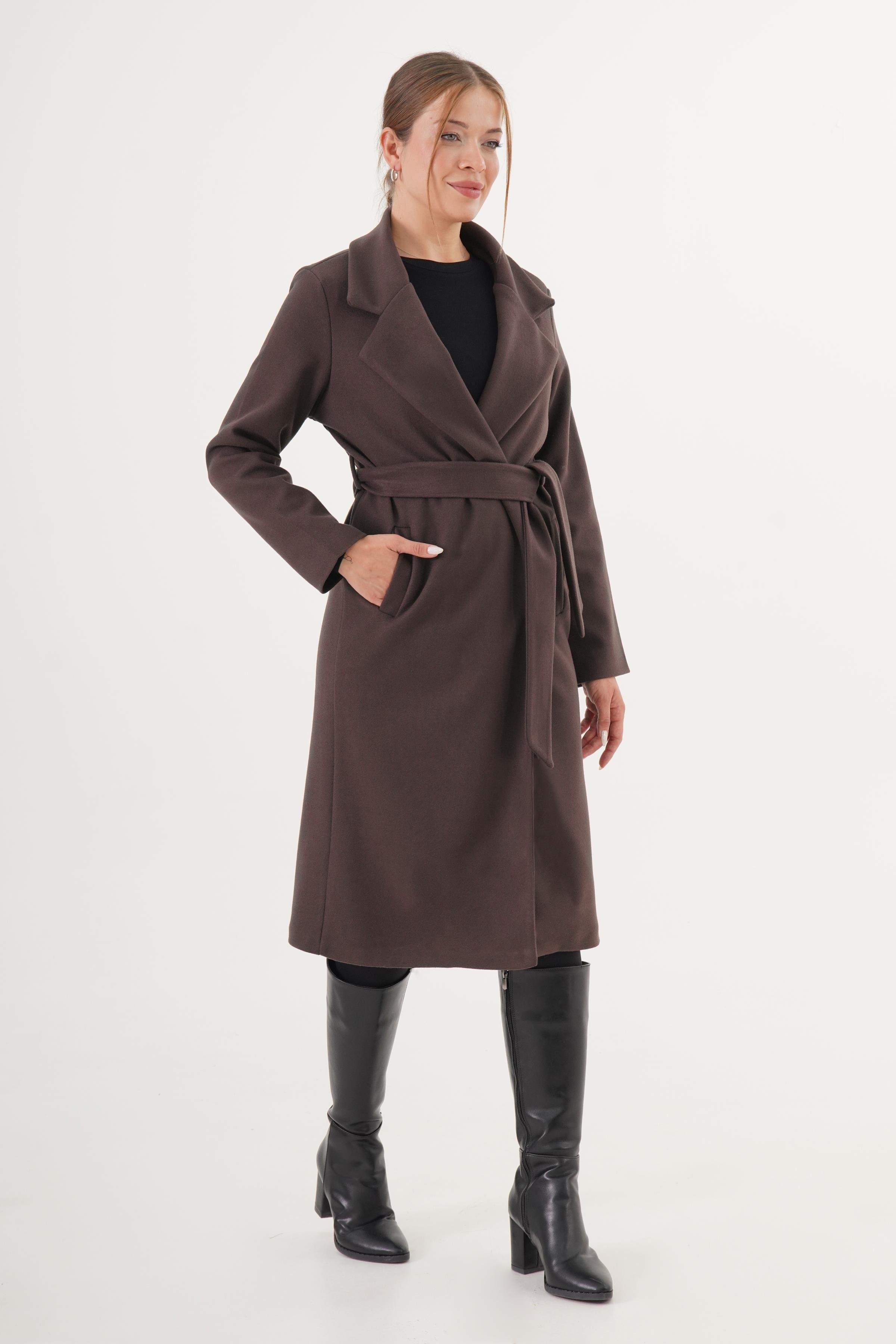 Beli Kuşaklı Astarlı Toptan Kaşe Kaban